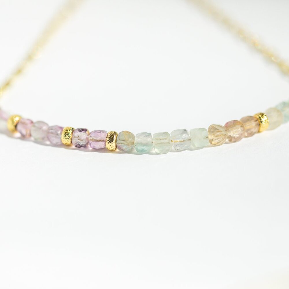 Pastel Gemstone Beaded Necklace Gold Paperclip Chain Waterproof Fluorite Crystal - Picture 3 of 13